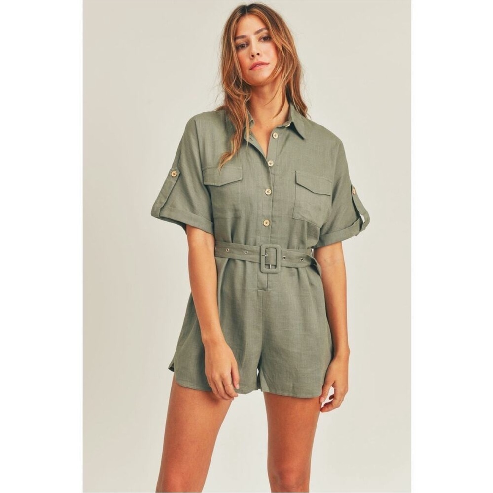 Mable linen army green romper with belt